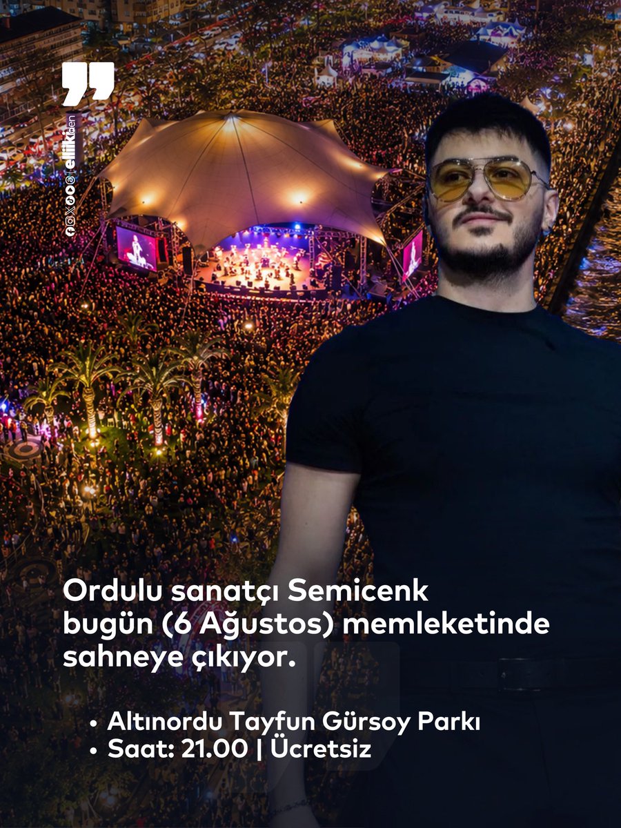 elliikiden_'s tweet photo. Ordulu sanatçı Semicenk bugün (6 Ağustos) memleketinde sahneye çıkıyor.

Altınordu Tayfun Gürsoy Parkı
Saat: 21.00 | Ücretsiz https://t.co/oRhVRcCEG8