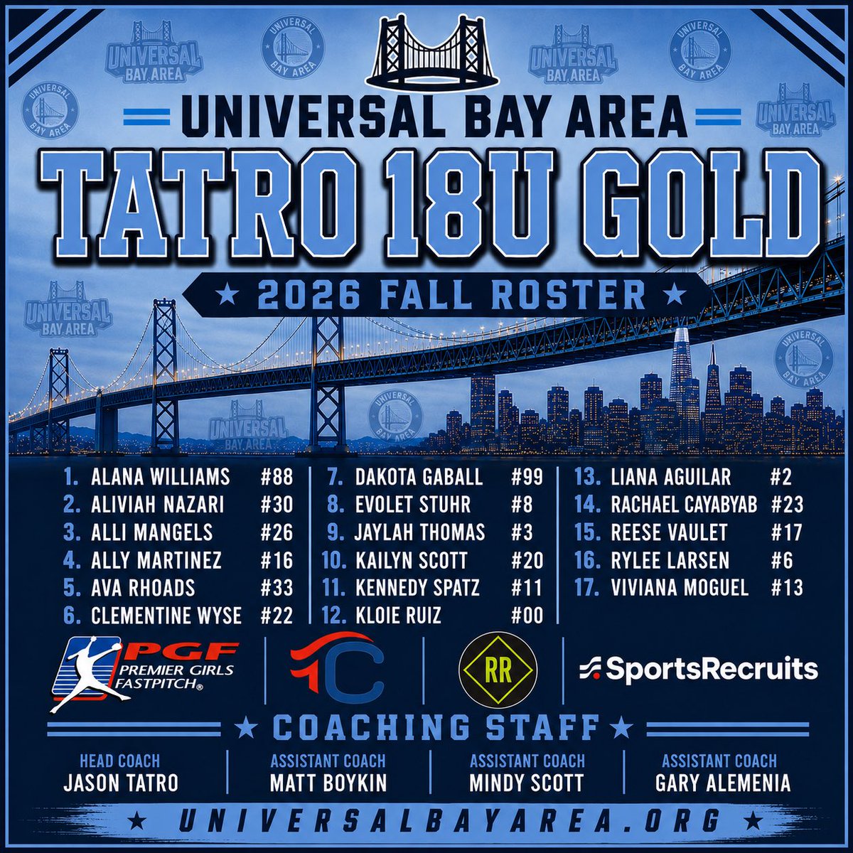 UniversalTatro's tweet photo. UBA 18U Gold 2026 Fall Roster . @RRecruiting_ @LineDsoftball @ExtraInningSB @los_stuff https://t.co/AOeQ6tBXMC