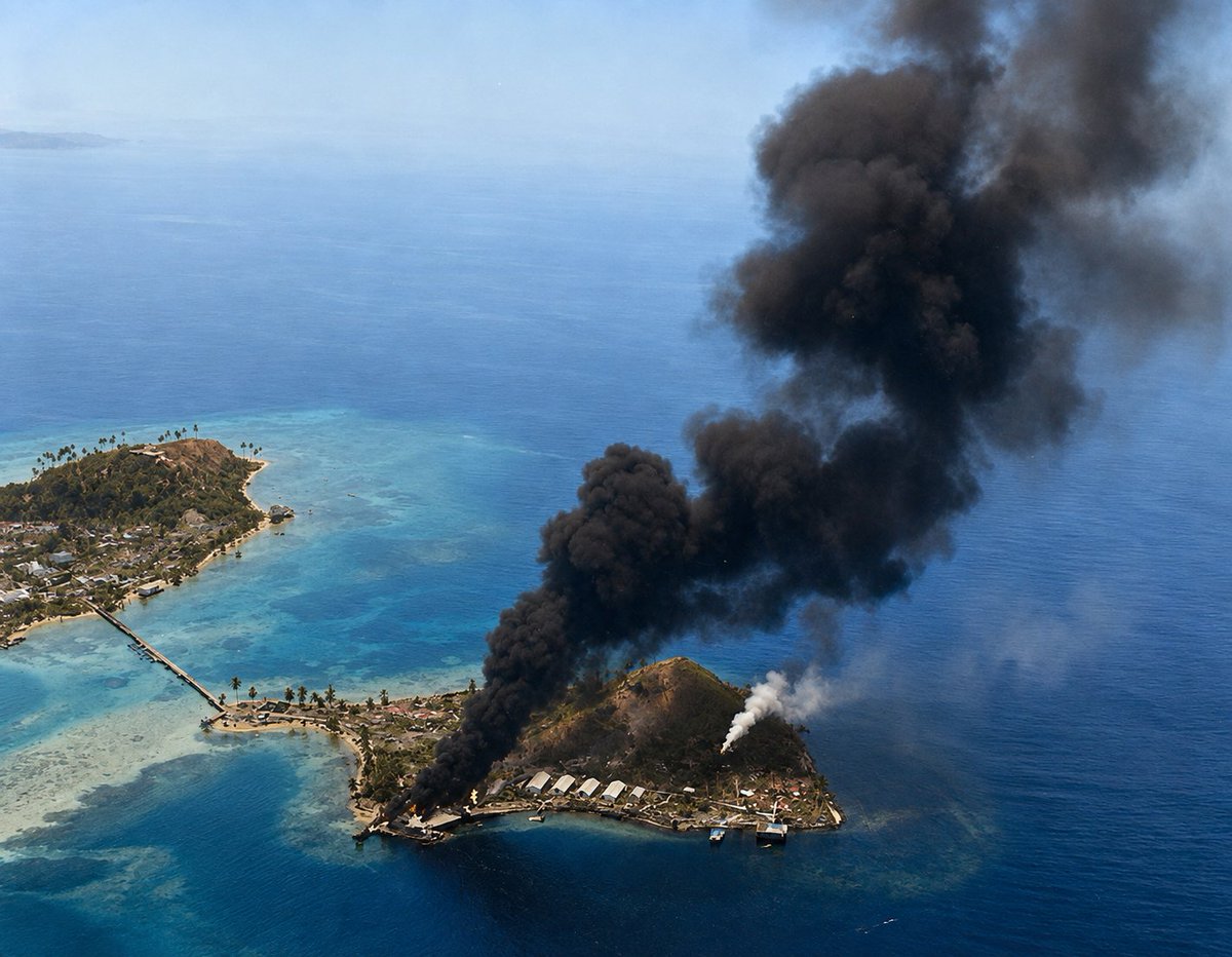VoicesofWW2's tweet photo. Japanese facilities afire, Tanambogo Island, east of Tulagi, Solomon Islands, 7 Aug 1942 https://t.co/QEY6m8Qajk