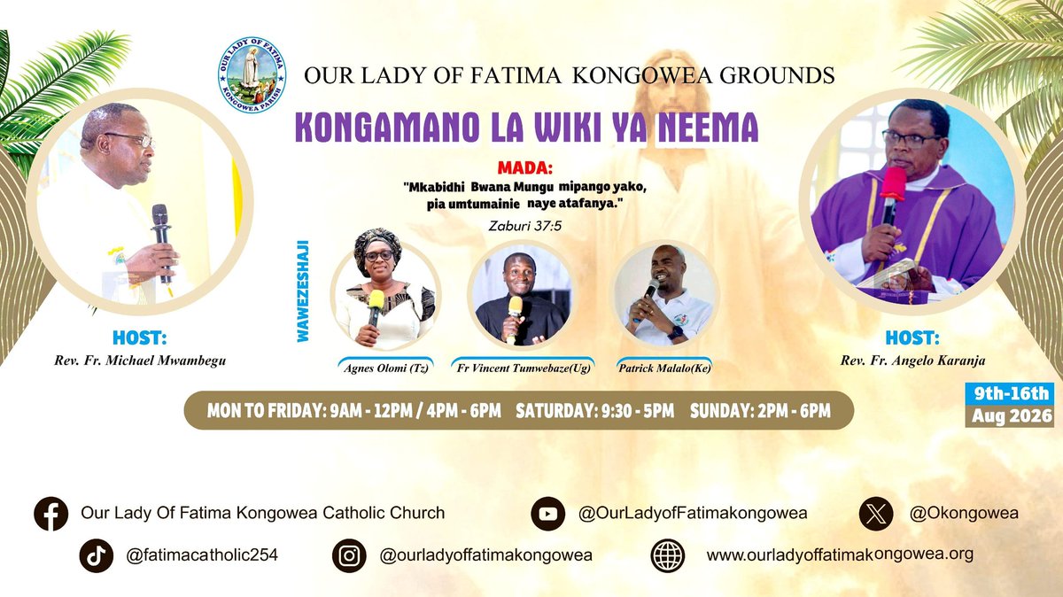 OKongowea's tweet photo. Kongamano la wiki ya neema yani crusade inaanza Jumapili hii tarehe 9 parokiani. Fika ukusanye neema ya Mungu.
#KaribuKongowea https://t.co/yyIoKEik2v