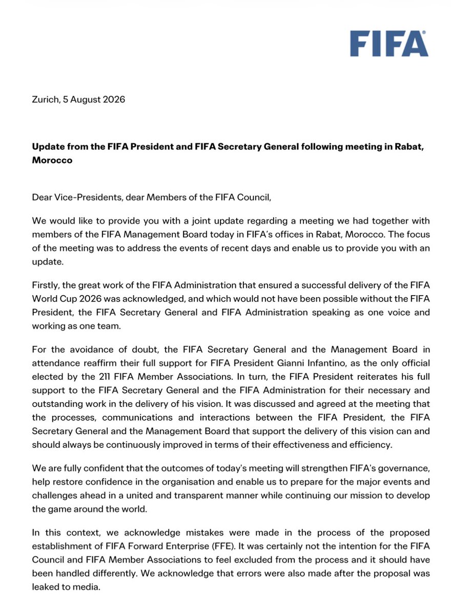 RobHarris's tweet photo. BREAKING: Gianni Infantino & Mattias Grafström write in leaked letter:
"With the project withdrawn, FIFA will no longer tolerate any attacks on its integrity, good governance and due process and will take all necessary measures to protect and safeguard its name and reputation." https://t.co/rGKcW0zFjP