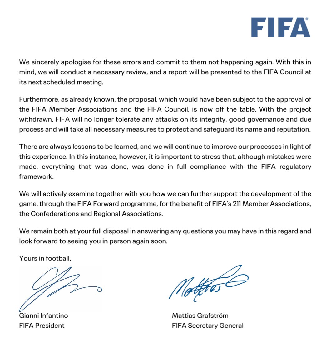 RobHarris's tweet photo. BREAKING: Gianni Infantino & Mattias Grafström write in leaked letter:
"With the project withdrawn, FIFA will no longer tolerate any attacks on its integrity, good governance and due process and will take all necessary measures to protect and safeguard its name and reputation." https://t.co/rGKcW0zFjP