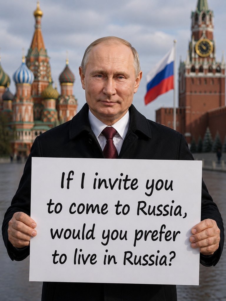 0DonaldTrumpJrQ's tweet photo. Imagine President Vladimir Putin personally invited you to visit Russia.
 
Would you accept the invitation ?

A. Yes 
B. No https://t.co/cuJL7epJmh