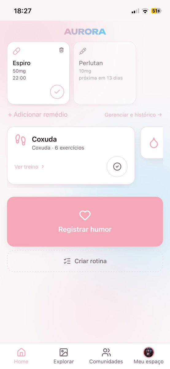 travadev's tweet photo. Então, sobre o app…
Se chama Aurora, é um app/comunidade/tracer de rotinas focado em transição hormonal, tudo é personalizado desde as cores, pronomes e oque você quer ver, como por exemplo treinos, medidas, exames, histórico, humor, mini rede social para postar as coisas… https://t.co/Xv3yAJlRfn
