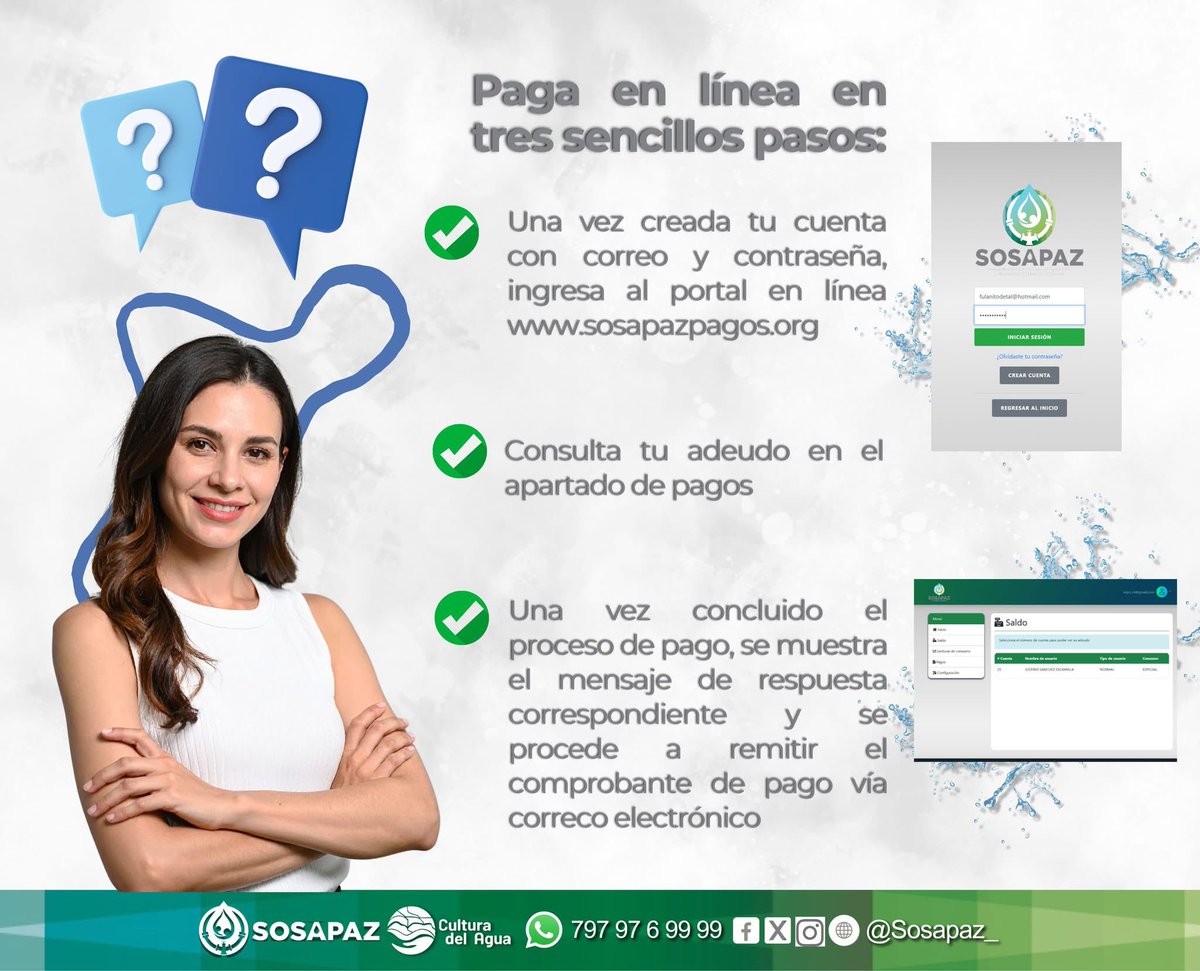 SOSAPAZ_'s tweet photo. 💧💳🫰🏻 ¡Realiza tu pago del servicio de agua en línea en sólo unos pasos! 💻✨

🚰 ¡Así de fácil es mantener tu servicio al día desde la comodidad de tu hogar 🏠! No esperes más y asegura tu servicio de agua con sólo unos clics. Ingresa a https://t.co/kCEx3js1o1

#pagoenlínea https://t.co/ThZI0r2Q7b