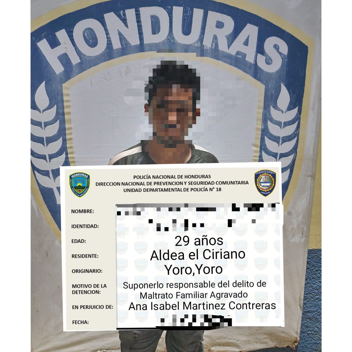 YoroUDEP18's tweet photo. 🚔 La #UDEP18 atendió una denuncia recibida a través del #911 y detuvo en Yoro a un ciudadano por suponerlo responsable del delito de maltrato familiar agravado. La Policía Nacional continúa actuando para proteger a las víctimas y fortalecer la seguridad. #PolicíaNacional #Yoro https://t.co/YouzzyrLxl