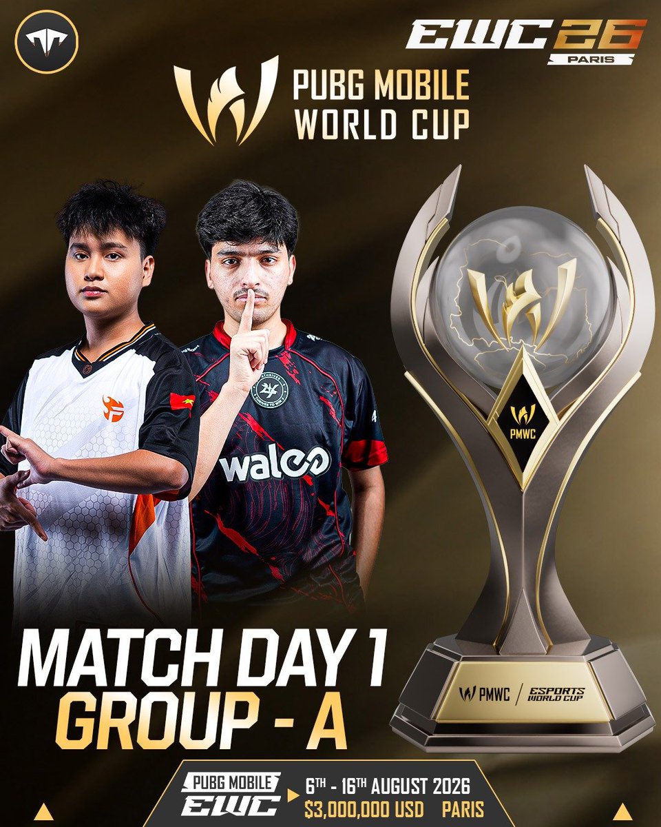 tyson_esports's tweet photo. 🚨 PUBG MOBILE WORLD CUP 2026 – MATCH DAY | GROUP A

🗓️ Today
🕒 Time: 3:00 PM PKT

The battle for the Grand Finals begins! 🔥
Don't miss the opening day of Group A as the world's best teams fight for crucial points. 🏆

#PMWC2026 #PUBGMOBILE #EsportsWorldCup #PUBGMEsports https://t.co/xwgMVYxLaE