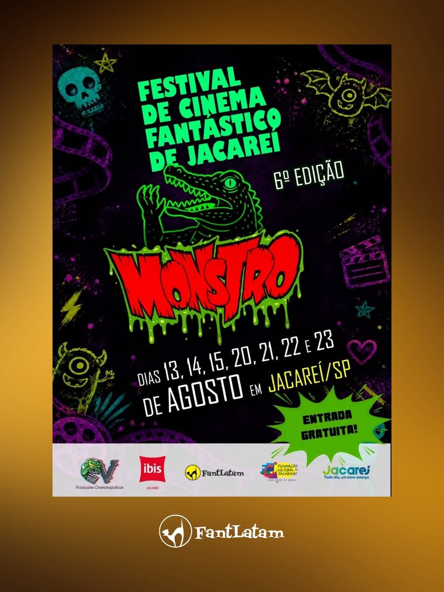 fantlatam's tweet photo. 🇧🇷 6º #Monstro: Festival de Cinema Fantástico de Jacareí
🐊 Terror • Horror • Sci-Fi • Fantasia
Mais de 90 curtas nacionais e internacionais com entrada gratuita!
👻 Dias 13, 14, 15, 20, 21, 22 e 23 de agosto.
#Cartel2026 #FantLatam https://t.co/QQs1Ijlk8G