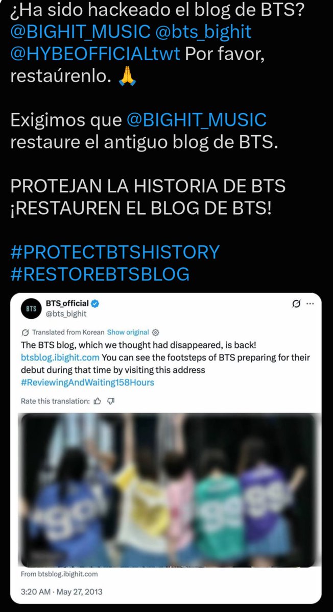 GGamez69063's tweet photo. Por favor revisar, restaurenlo fue jaqueado. @BIGHIT_MUSIC
#protectbtshistory #RESTOREBTSBLOG
#mamármybts https://t.co/ozDXHmUvmM