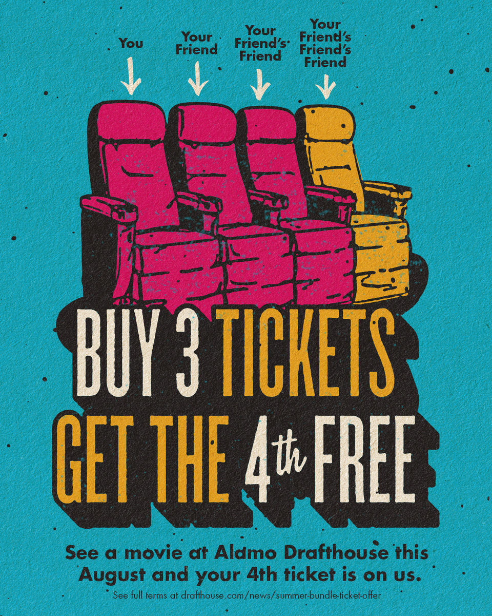 AlamoRaleigh's tweet photo. One. Two. Three. FREE! 🎟️ Whether it's a new friend, family friend, or old friend — from 8/6  through 8/31 at participating locations, buy four tickets to the same show at your neighborhood Alamo and one of your tickets is FREE: https://t.co/VHRbvimzM2. https://t.co/C7uOTuvzLl