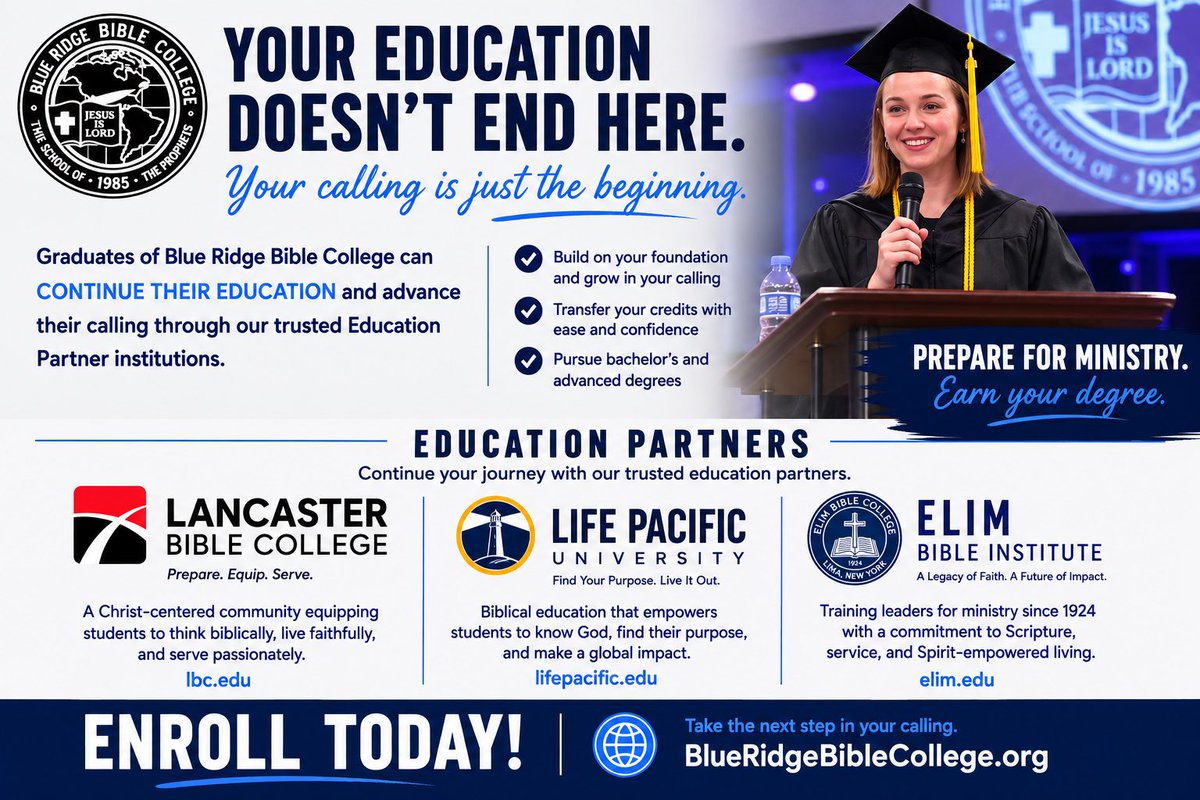 BlueRidgeBC's tweet photo. YOUR EDUCATION DOESN’T END HERE…
Graduates of Blue Ridge Bible College can CONTINUE THEIR EDUCATION! 

We have credit transfer agreements with schools like Lancaster Bible College, Life Pacific University, Elim Bible Institute and MANY MORE!

#biblecollege #christianeducation https://t.co/ATi7gCWLCR
