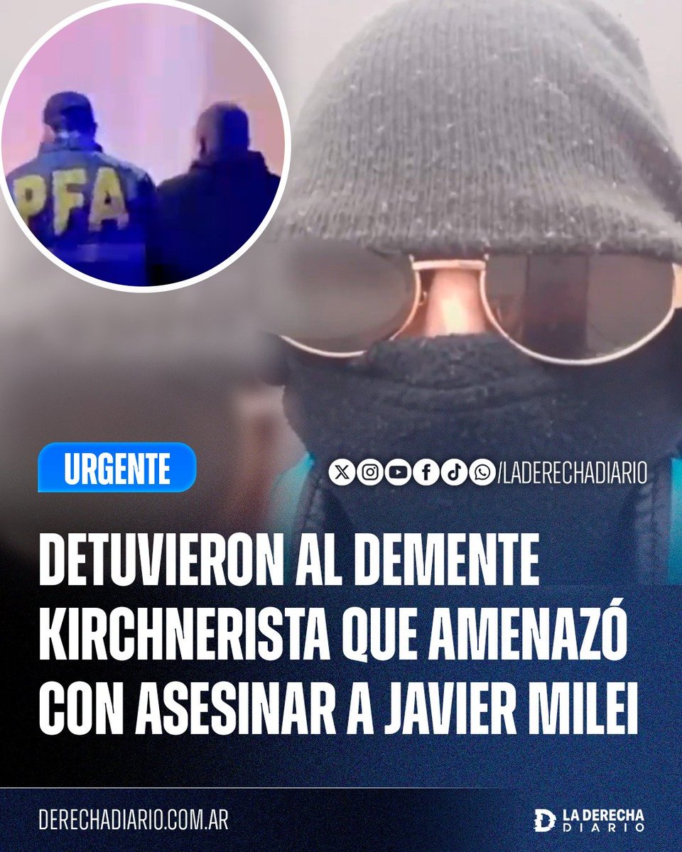 laderechadiario's tweet photo. 🚨🇦🇷 | CADENA PERPETUA: La Policía Federal detuvo en Quilmes al demente que se autodenominaba “el sicario de los kirchneristas” y amenazó con asesinar al presidente Javier Milei, exigiéndole que abandonara el poder para que “Mayra Mendoza asuma como presidenta”.

El psicópata kirchnerista fue identificado como un hombre de 38 años que difundía amenazas contra el Presidente y su familia a través de las redes sociales. Durante el allanamiento, la Policía secuestró una "tumbera", réplicas de fusiles de aire comprimido, municiones, un celular y una computadora.