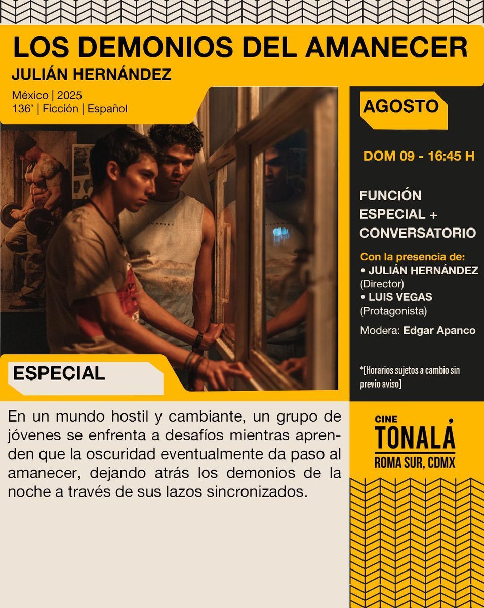 Gabrielgtzg's tweet photo. "Los demonios del amanecer" de @JULIANHERPER, tendrá función especial con Q &amp; A en el @cinetonala 
Domingo 9 de agosto 
16:45 horas
Con presencia del Director
Conduce @elapanco https://t.co/FZmXIlrocJ