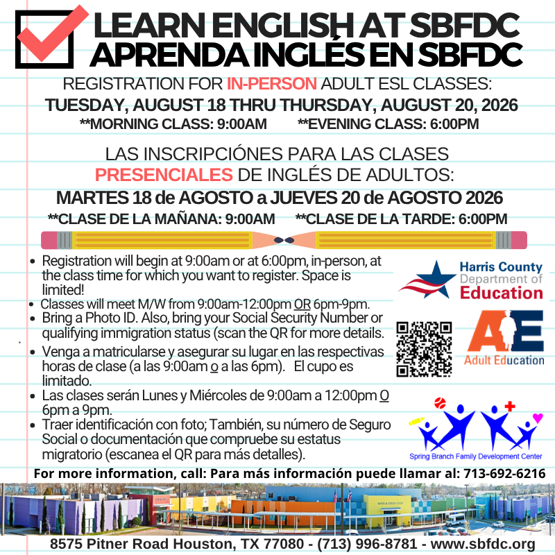 SBFDCenter's tweet photo. @HCDEtx ADULT ESL CLASS REGISTRATION BEGINS at @SBFDCenter on Tues., August 18 at 9am (morning class) or 6pm (evening class)

LAS INSCRIPCIONES PARA CLASES DE INGLÉS DE ADULTOS en #SBFDCenter INICIARÁN Martes 18 de Agosto a las 9am (clases de la mañana) o 6pm (clases de la tarde) https://t.co/XGeozsglvG