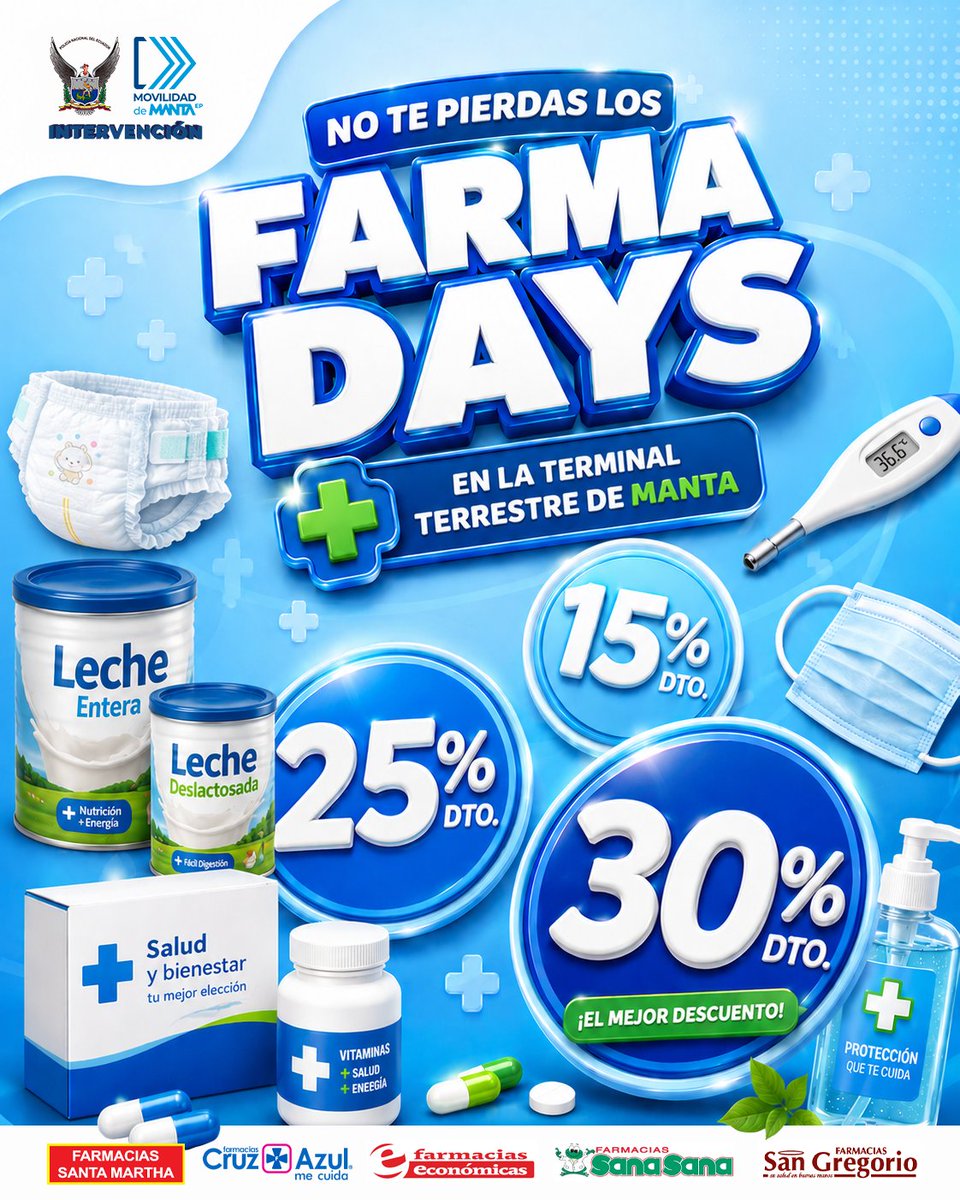 TerminaldeManta's tweet photo. ¡Llegaron los FARMA DAYS!

Es el momento perfecto para cuidar tu salud y ahorrar al mismo tiempo. Visita las farmacias participantes y aprovecha increíbles descuentos en medicamentos, productos de cuidado personal, vitaminas y mucho más.

Aprovecha los mejores precios por tiempo limitado.

#FarmaDays #AhorraMás #SaludYBienestar #TerminalTerrestreManta