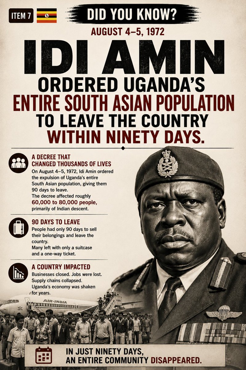 Today_HistoryT's tweet photo. DID YOU KNOW?.. #ITEM7 ๐บ๐ฌ
IDI AMIN ORDERED UGANDA'S ENTIRE SOUTH ASIAN POPULATION TO LEAVE THE COUNTRY WITHIN NINETY DAYS.
August 4โ5, 1972 โ Uganda
On August 4 and 5, 1972, Ugandan president Idi Amin announced one of the largest forced expulsions in modern African history. https://t.co/LEe6PSkVXM