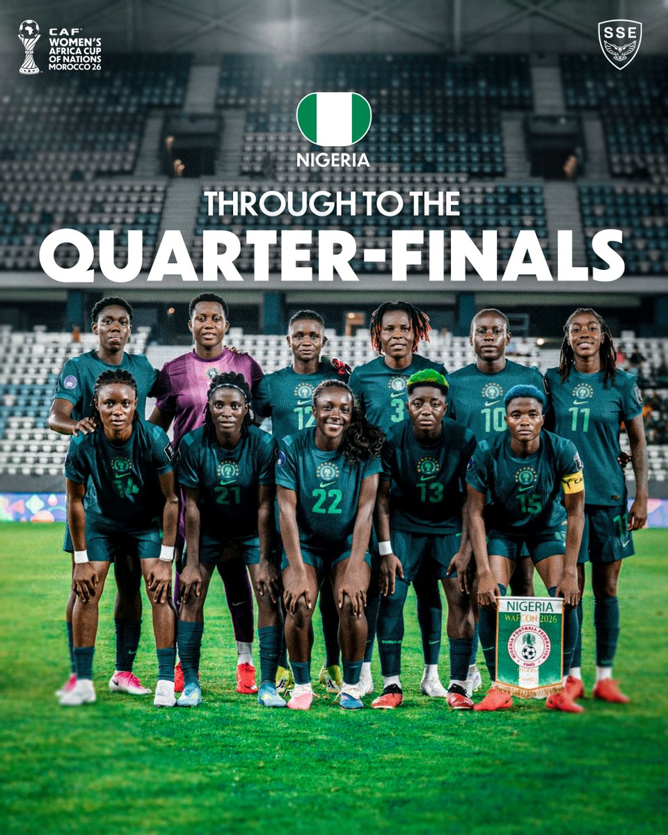 SSE_NGA's tweet photo. 🦅🇳🇬 QUARTER-FINALS, HERE WE COME! 

The Super Falcons are through to the last eight of #WAFCON2026. https://t.co/fWg0Ffak12