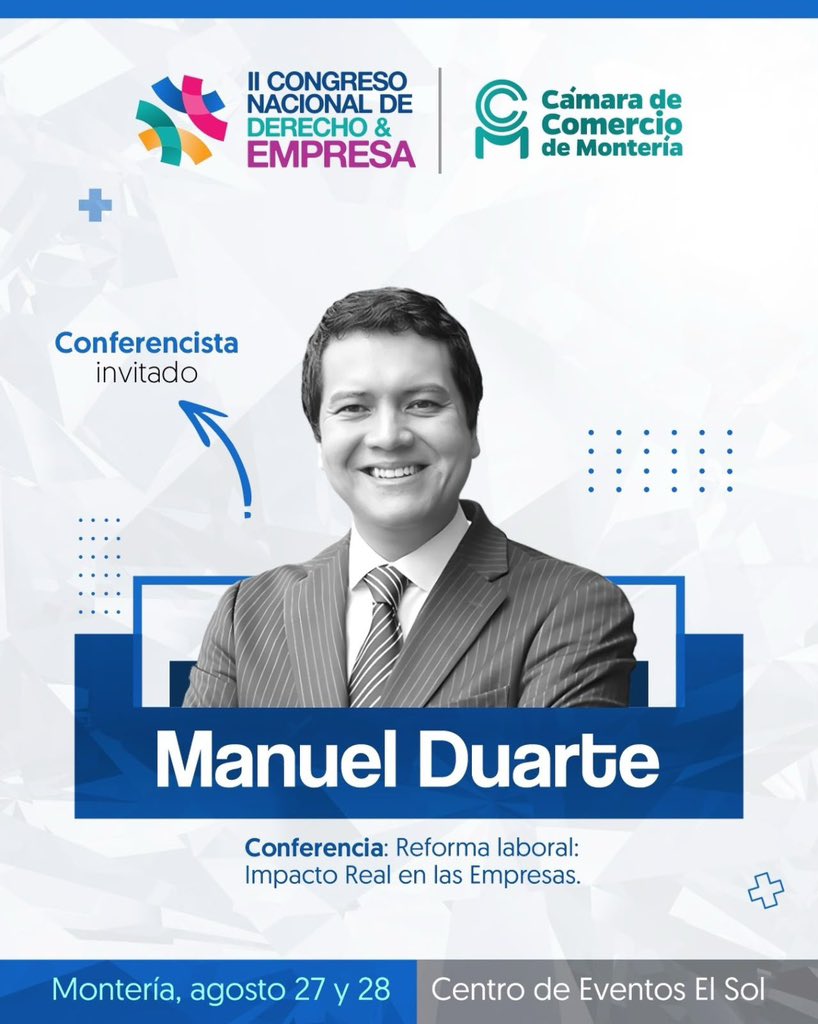 JoseRLarrarteG's tweet photo. 🔴#ELDATO🔴

La Cámara de Comercio de Montería (@ccmonteria) encabezada por su director ejecutivo Álvaro Segrith Sepúlveda (@AlvaroSegrith) te invitan a participar en el II Congreso Nacional de derecho y empresa este 27 y 28 de Agosto.

INSCRÍBETE AQUÍ: https://t.co/0wwjudCQX1 https://t.co/JrojB55Q5o