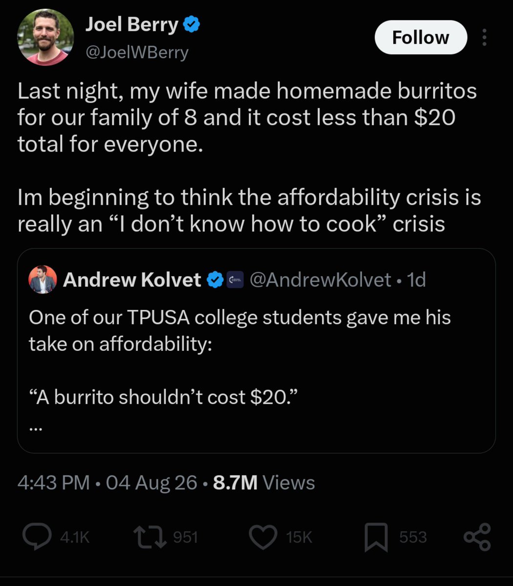 frogNscorpion's tweet photo. Not sure what's funnier. Joel making this statement when shit tier Walmart hamburger is over $7 a pound or the fact that a jew who makes very good money is willing to tell the world he'd rather deny his six kids proper nutrition by feeding them only rice and beans to save a buck https://t.co/yEVT21TLN4