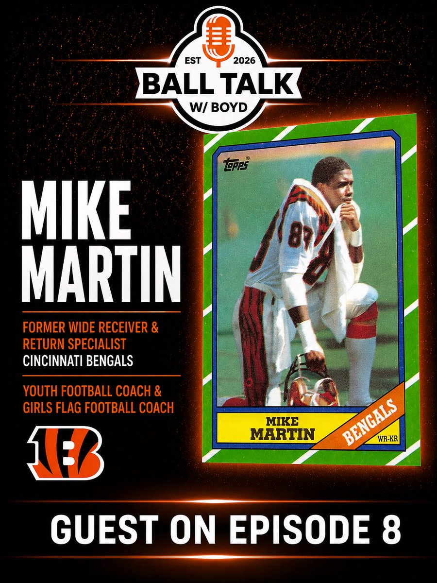 balltalkwboyd's tweet photo. Got a BANGER episode for you all coming out this Friday! I’ve got former Cincinnati Bengal, Mike Martin on the show to talk about his time with the Bengals, and his journey as a youth football and girls flag football coach. Check it out this FRIDAY
#Bengals #balltalk #NFL https://t.co/c0hv7y0sX3