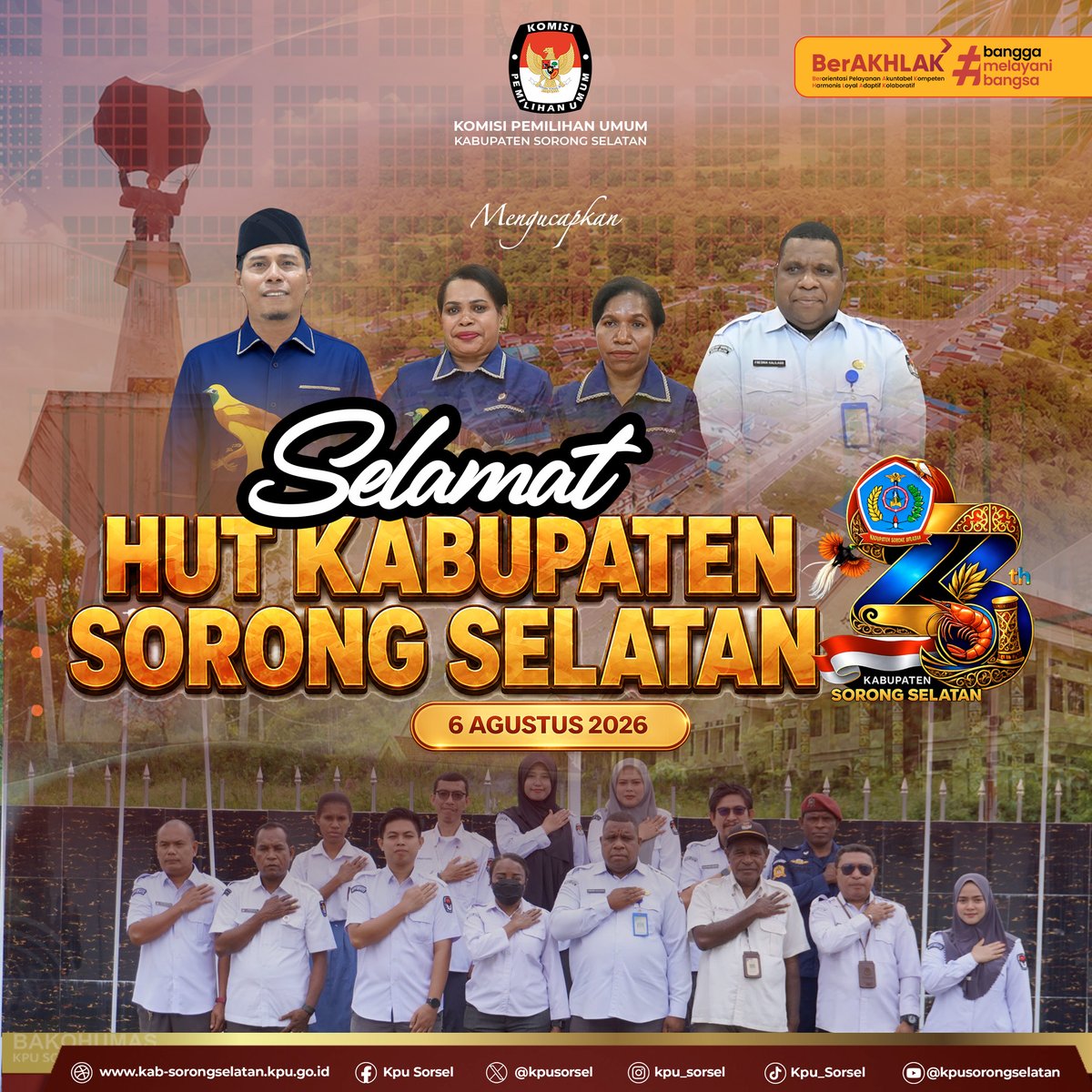 kpusorsel's tweet photo. #Temanpemilih, KPU Kabupaten Sorong Selatan mengucapkan Selamat Hari Ulang Tahun Kabupaten Sorong Selatan yang ke 23 tahun, 6 Agustus 2026. https://t.co/AuL2EIXofy