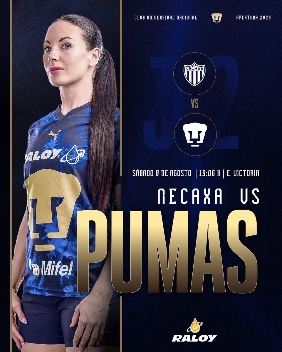 PumasMXFemenil's tweet photo. La garra de Pumas llegará a Aguascalientes para disputar la segunda fecha del AP2026 😼 ¡Nos vemos ahí, auriazules! 💙💛

Raloy nos trae la información del partido ⚽️

🆚 @NecaxaFemenil 
🏟️ Estadio Victoria
🕰️ 19:06 h
📅 Sábado 8 de agosto
📺 Fox one / Tubi

#SiemprePumas https://t.co/7Lb822HckO