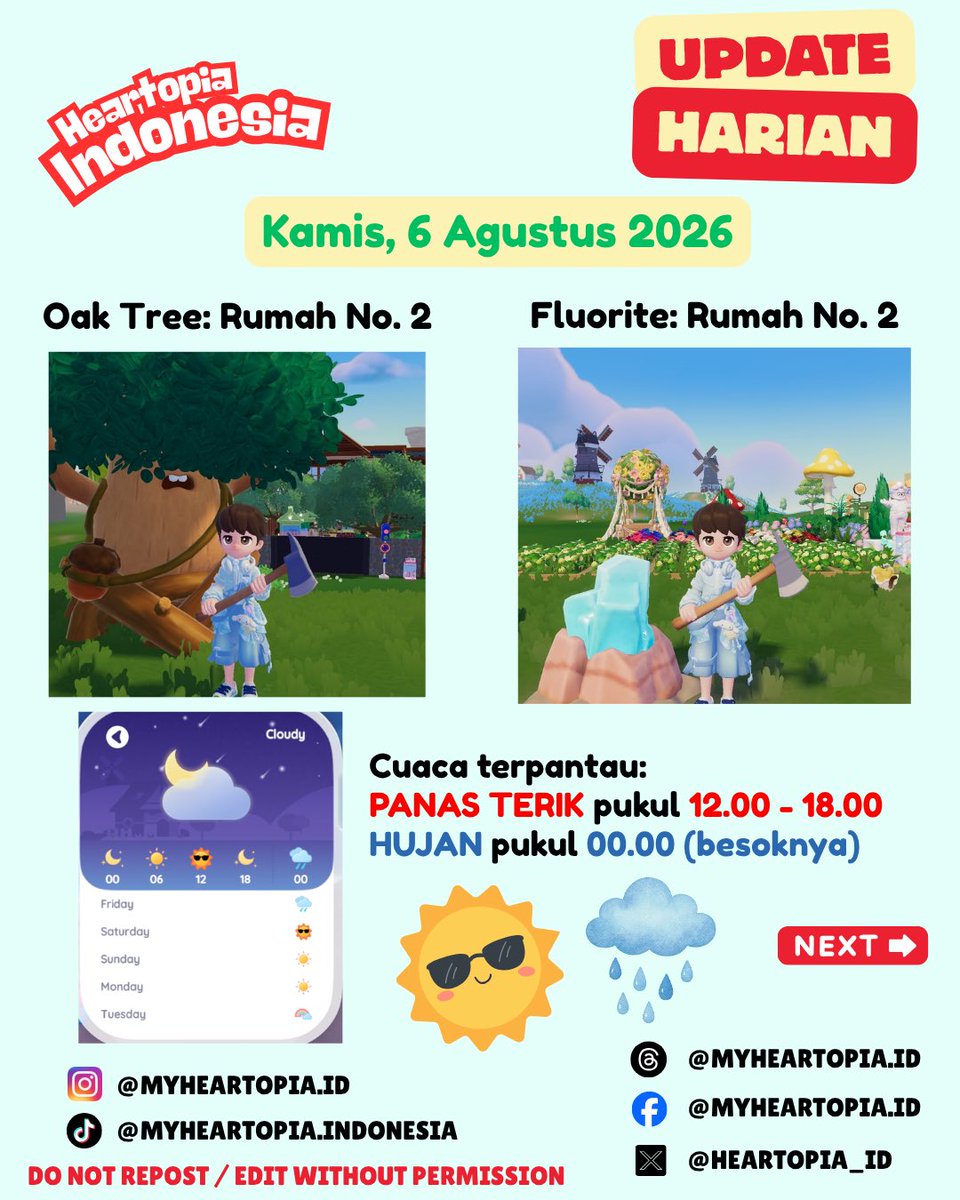 Heartopia_ID's tweet photo. Update Harian: Kamis, 6 Agustus 2026 🌞🥵🌧️
#heartopia #heartopiaindonesia #heartopiagame https://t.co/zfVmCQpzCg