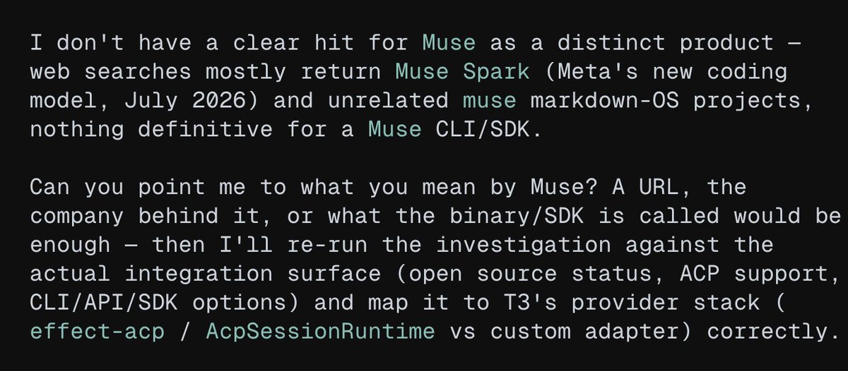 Muse responding that it cannot identify Muse as a distinct product and asking for a clearer reference point