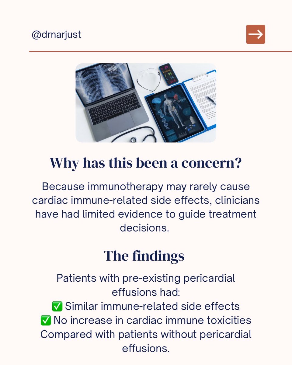 NarjustFlorezMD's tweet photo. Proud to share our latest international multicenter study, which I had the privilege of co-authoring with an incredible group of collaborators.

Together, we explored whether patients with advanced NSCLC and pre-existing pericardial effusions can safely receive immunotherapy. Our findings provide reassuring real-world evidence that may help guide treatment decisions.
Swipe through for the key takeaways. 

https://t.co/nCk4g0P0cT