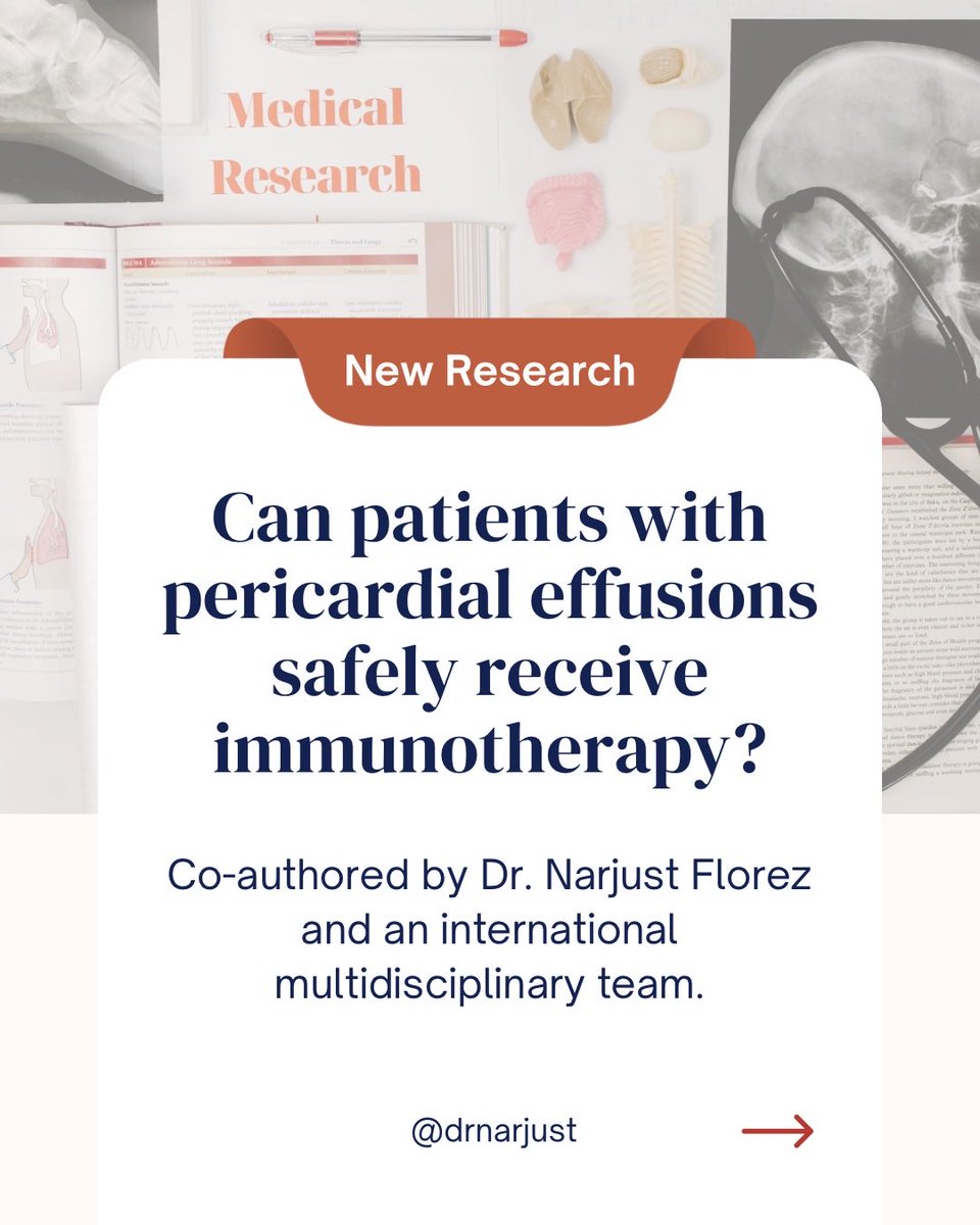 NarjustFlorezMD's tweet photo. Proud to share our latest international multicenter study, which I had the privilege of co-authoring with an incredible group of collaborators.

Together, we explored whether patients with advanced NSCLC and pre-existing pericardial effusions can safely receive immunotherapy. Our findings provide reassuring real-world evidence that may help guide treatment decisions.
Swipe through for the key takeaways. 

https://t.co/nCk4g0P0cT