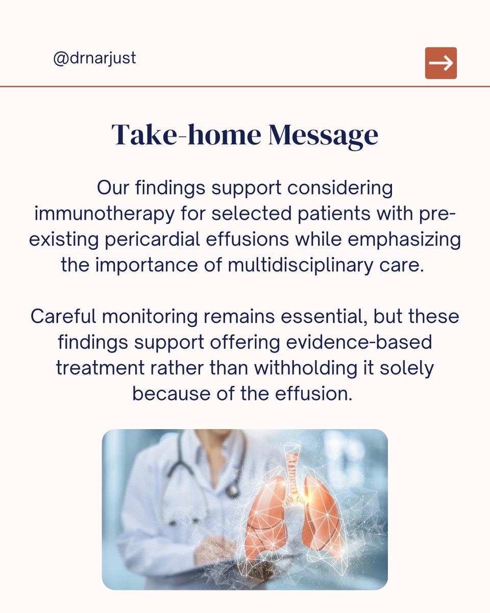 NarjustFlorezMD's tweet photo. Proud to share our latest international multicenter study, which I had the privilege of co-authoring with an incredible group of collaborators.

Together, we explored whether patients with advanced NSCLC and pre-existing pericardial effusions can safely receive immunotherapy. Our findings provide reassuring real-world evidence that may help guide treatment decisions.
Swipe through for the key takeaways. 

https://t.co/nCk4g0P0cT
