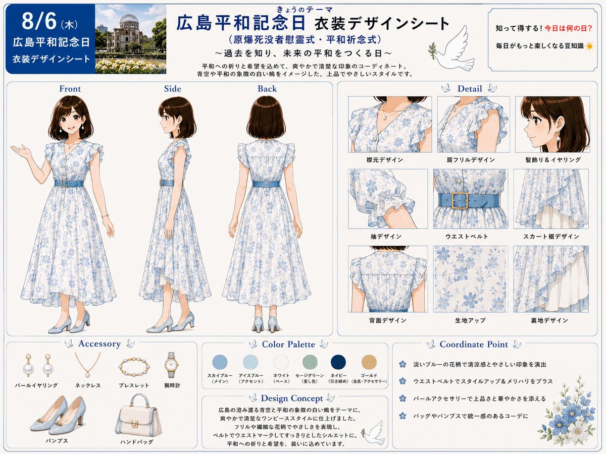 tarotaro_mgm's tweet photo. 20260806「今日は何の日から」
広島平和記念日の衣装
Blue Peace Blossom
Gentle Harmony Dress

テーマ
青空と平和への願いを象徴する白い花を
モチーフにした、清楚で上品なワンピース
スタイル。淡いブルーの小花柄と軽やかな
シフォン素材、優雅に揺れるフィッシュ
テールスカートが穏やかな美しさを演出し、
未来への希望とやさしさを表現した
エレガントなデザインです。

特徴
💙 淡いブルーの小花柄ワンピース
🌸 フリルスリーブデザイン
🎀 ブルーウエストベルト
👗 フィッシュテールスカート
🤍 パールアクセサリーコーデ

※プロンプトは下にあります
❤️ いいね・RP・保存で
　　応援していただけると励みになります！
※他の衣装シリーズもプロフィールから
　　ご覧いただけます

#AICostumeCreator
#MegumixCollection

Generate the original female character while preserving her original face, hairstyle, expression, body proportions, pose, and identity. Dress her in the exact elegant floral dress shown in the reference instead of creating a design sheet. Faithfully recreate a V-neck, short-sleeve dress made of lightweight white chiffon printed with delicate sky-blue floral patterns. Preserve the soft ruffled cap sleeves, pearl buttons along the front bodice, fitted waist with a medium-width pastel blue belt and gold buckle, and a naturally flowing feminine silhouette. Reproduce the original asymmetrical high-low skirt length exactly, with a graceful front hem below the knees and a longer flowing back, layered ivory chiffon lining, and gentle movement. Faithfully recreate the back design with gathered upper bodice, ruffled sleeves continuing around the shoulders, fitted waistband, and the floral skirt flowing naturally to the back. Add pearl earrings, delicate necklace, bracelet, elegant wristwatch, pastel blue pumps, and a matching ivory handbag. Use soft chiffon, cotton fabric, pastel colors, floral prints, elegant natural lighting, premium anime illustration, realistic fabric folds, refined feminine styling, and a peaceful, graceful atmosphere.