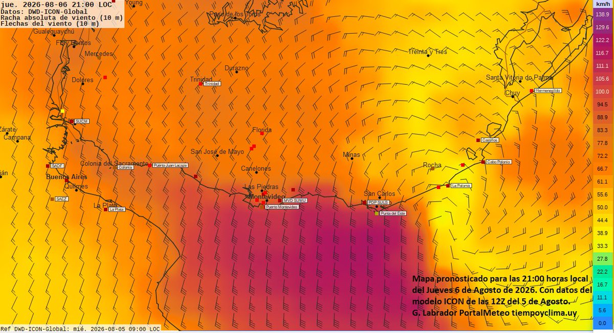 portalmeteo's tweet photo. #Argentina #Uruguay #RioDeLaPlata #AtlánticoSur tarde y noche del #Jueves6 #Agosto2026 y madrugada del #Viernes7 #MarArgentino #MarTerritorialUruguayo #TemporaldelsectorSur #TemporalDuro (Fuerza 10 #EscalaBeaufort); probable #TemporalMuyDuro (Fuerza 11) asociado a #CiclóndeLatitudesMedias (#Borrasca; #CiclónExtratropical) de rápida profundización y desplazamiento al SurEste de Uruguay con probabilidad de adquirir características en áreas oceánicas de #TemporalHuracanado (Fuerza 12 de la Escala Beaufort); acompañado de #tormentas y #precipitaciones Secuencia de mapas pronosticados cada 3 horas local de #Argentina y #Uruguay: dirección e intensidad de vientos promedio según flechas acorde a simbología internacional (banderitas de flechas en Nudos, MillasNáuticas/hora); #rachas previstas en kilómetros por hora según escala de colores a la derecha. Datos para los mapas del modelo meteorológico alemán #ICON obtenidos según salida las 12:00 ZULU del #Miércoles5 de #Agosto2026. Para mejor visualización utilice pantalla ampliada o ampliar pantalla. @GabrielMeteo. Siga atentamente los pronósticos, alertas y advertencias de su servicio meteorológico nacional, defensa civil o sistema de emergencia. Otros modelos de predicción pueden diferir en los resultados. @Armada_Uruguay @DNdeBomberosUy @DNPCaminera @Armada_Arg