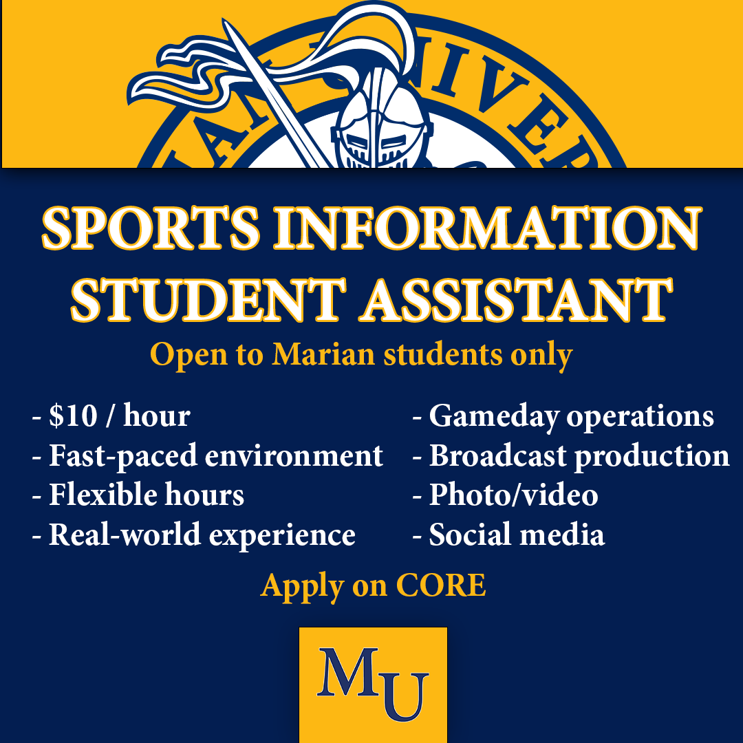 MUKnights's tweet photo. 𝐌𝐔 𝐒𝐭𝐮𝐝𝐞𝐧𝐭𝐬 🚨

Looking to get paid for real-world experience, working Marian Athletics events right here on campus?

Click the link for more information and apply today!

Apply on CORE | https://t.co/GQdAw0yRwb

#GoKnights https://t.co/H5FImQrLrT