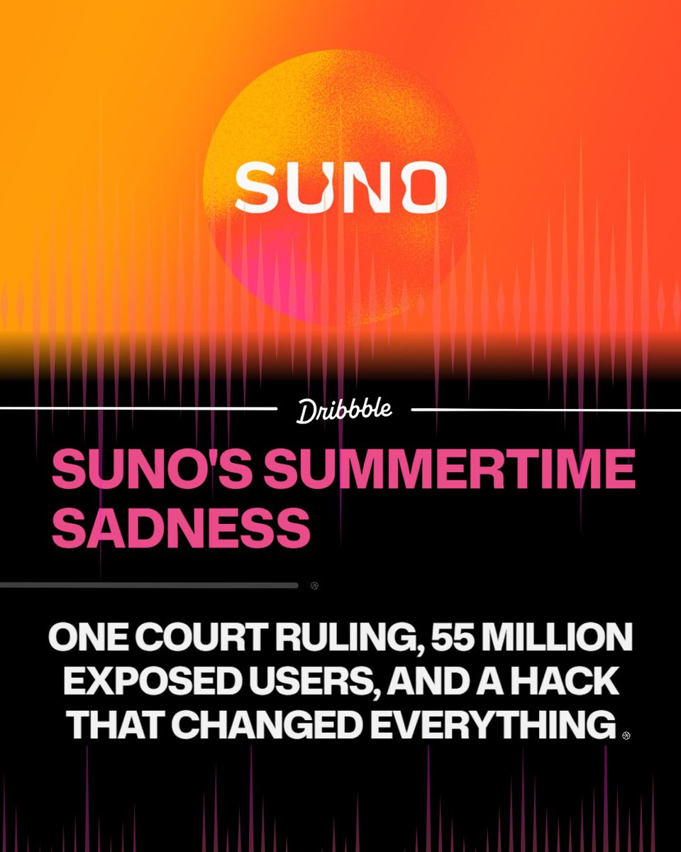 dribbble's tweet photo. The Suno story has everything every mark of an evolving drama: a landmark European court ruling, 55 million exposed users, and leaked source code that revealed exactly how they'd been training their models all along. And for once, it's not just a music industry problem.

Every creative field is watching this case. Because if training AI on someone else's work holds up as fair use, the implications go well beyond music.

#Suno #AIMusic #Copyright #DesignNews #MusicIndustry