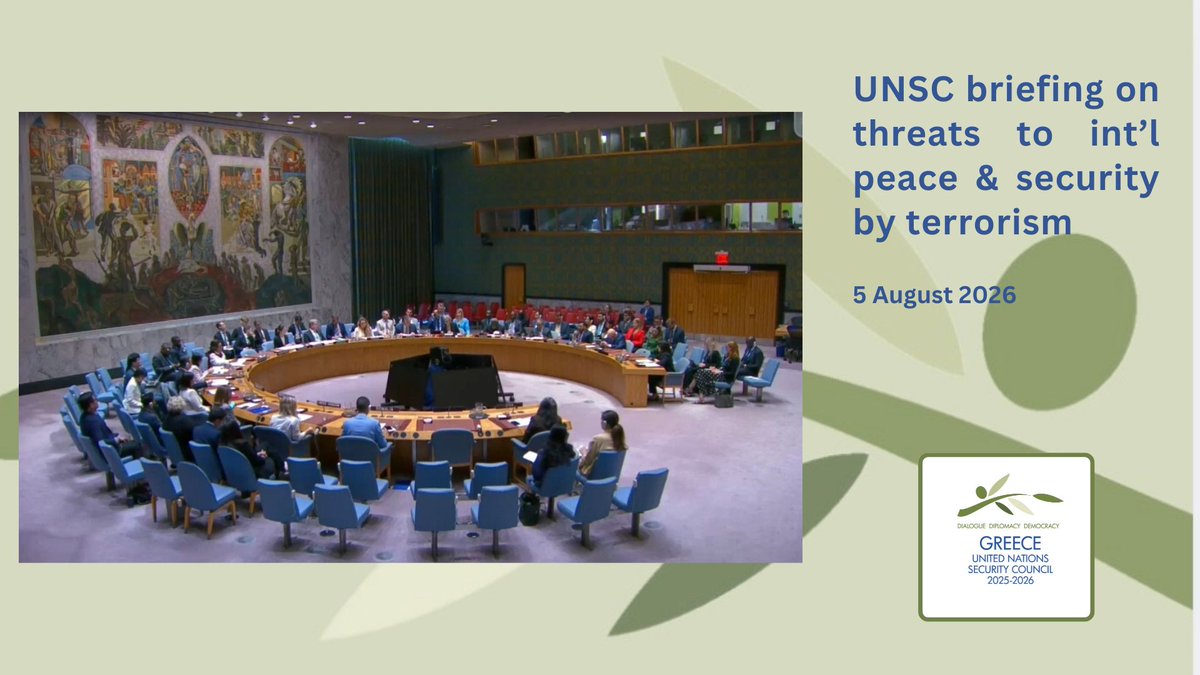 GRUN_NY's tweet photo. At today’s #UNSC briefing on threats to int'l peace & security from terrorism, 🇬🇷:
↪️ stressed that the Da’esh terrorist threat remains persistent & demands sustained int’l vigilance 
↪️ expressed deep concern for the continued regionalization of terrorism, particularly across Africa, but also in Syria, Iraq, Afghanistan & Central Asia
↪️ expressed alarm by the increasingly sophisticated misuse of new & emerging technologies
↪️ reaffirmed the importance of maritime security & the centrality of the humanitarian dimension in int'l counter-terrorism efforts

#GreeceUNSC
@GreeceMFA 

🇬🇷🇺🇳

Read the statement here: https://t.co/ptCm0dKfQi 
Watch the statement here: https://t.co/83njtnS8nE