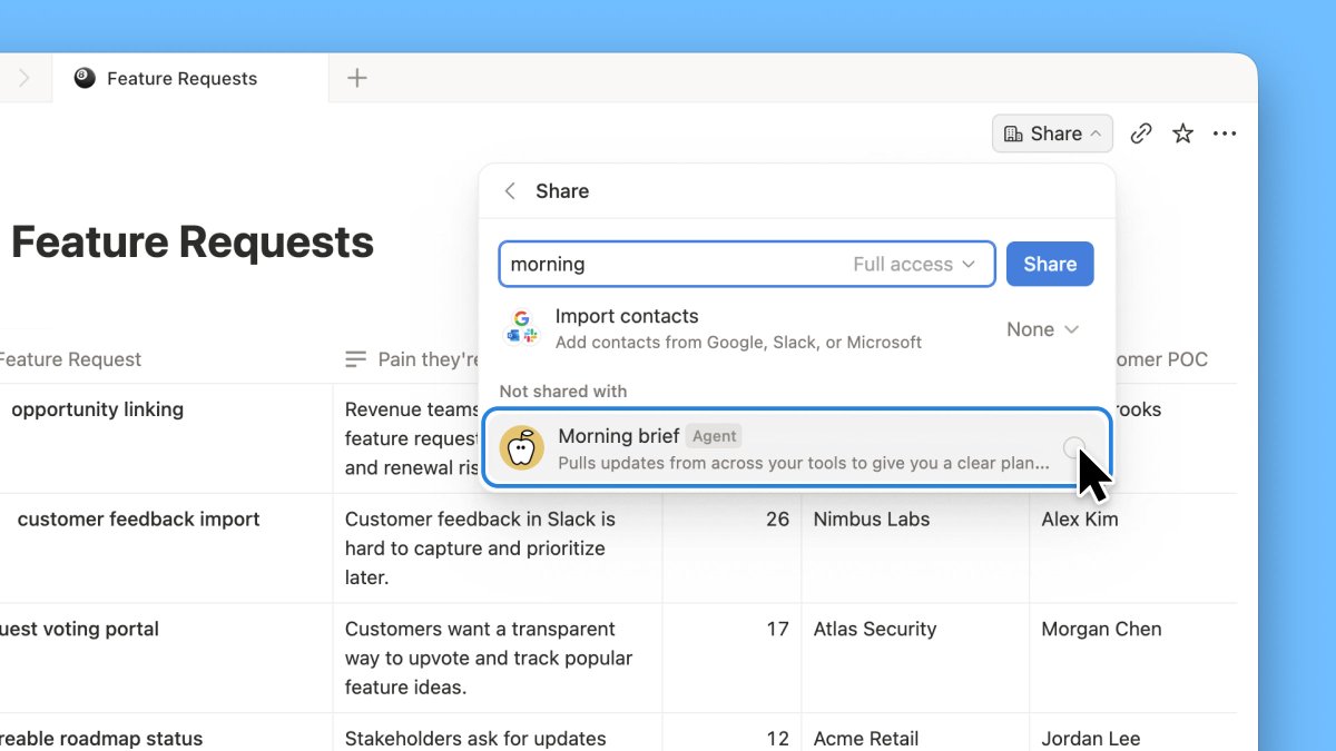 Small QoL improvement: you can now share pages with your Custom Agents straight from the Share menu.

Easier to give them all the context they need 🫡 
 [📷](ht
