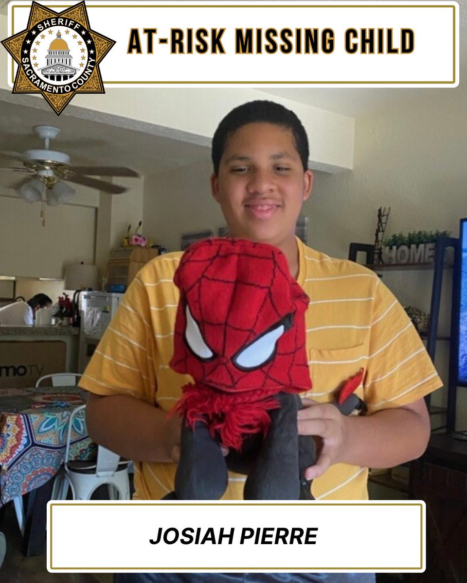 sacsheriff's tweet photo. AT-RISK MISSING CHILD

Josiah Pierre, 15 years old, 5’11” tall, approximately 190 lbs, with short dark brown hair, and brown eyes. He was last seen wearing a white tye dyed t-shirt,  black shorts and grey shoes. Josiah was last seen at around 1:30 pm on foot near Madison Ave and Manzanita Ave. 

Josiah is considered at-risk due to having autism and functioning near the level of a 10-year-old.

If seen or located, please call the Sacramento County Sheriff’s Office at 916-874-5115.