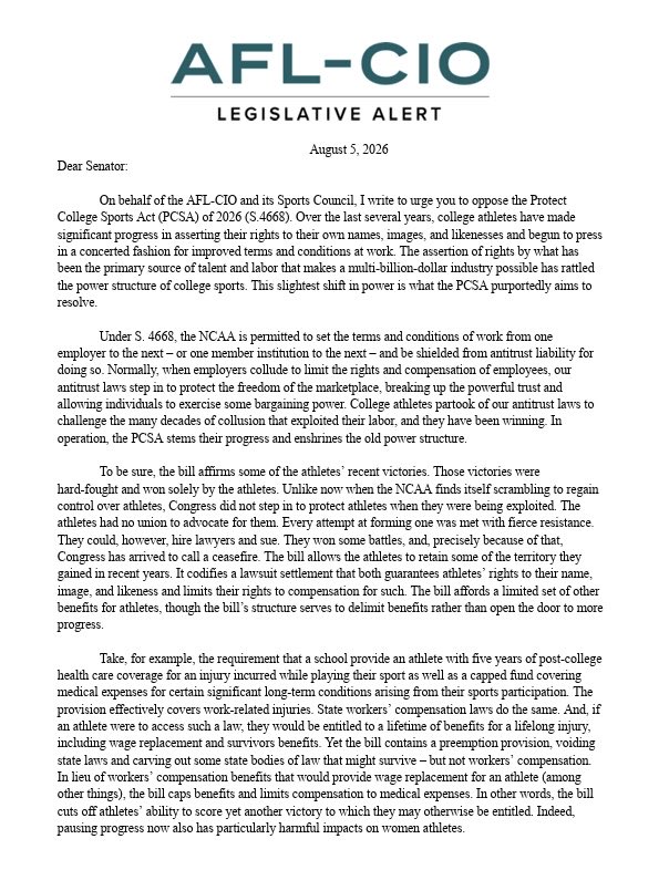 AFLCIO's tweet photo. The AFL-CIO and its Sports Council oppose the Protect College Sports Act.

College athletes have made progress in asserting their rights. This bill would stem that progress &amp; empower the NCAA to unilaterally set the rules without bargaining with athletes. https://t.co/yRtT5rI6PX https://t.co/bijtvt5t7M