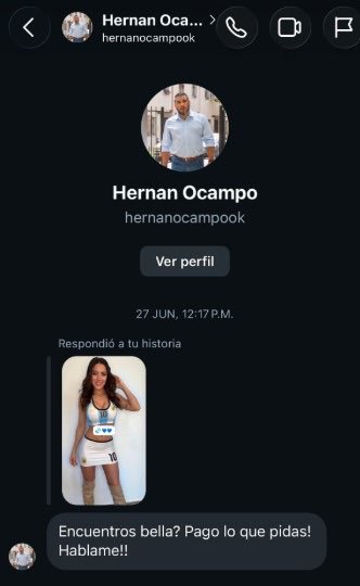 Tomidiazcueto's tweet photo. El sub secretario de seguridad de Quilmes está más preocupado por conseguir sexo por plata en redes sociales que por la seguridad de los quilmeños.

El tipo habla de encuentros sexuales por entre 200 a 800 USD y lo ofrece sin pudor a través de Instagram.

Incluso la chica que es contactada (Carla Cruz) le dice que no trabaja como prostituta y el tipo insiste e insiste.

Como siempre el peronismo el primer feminista. Un funcionario público insistiendo con dinero por sexo… pero después hablan del derecho de las mujeres.