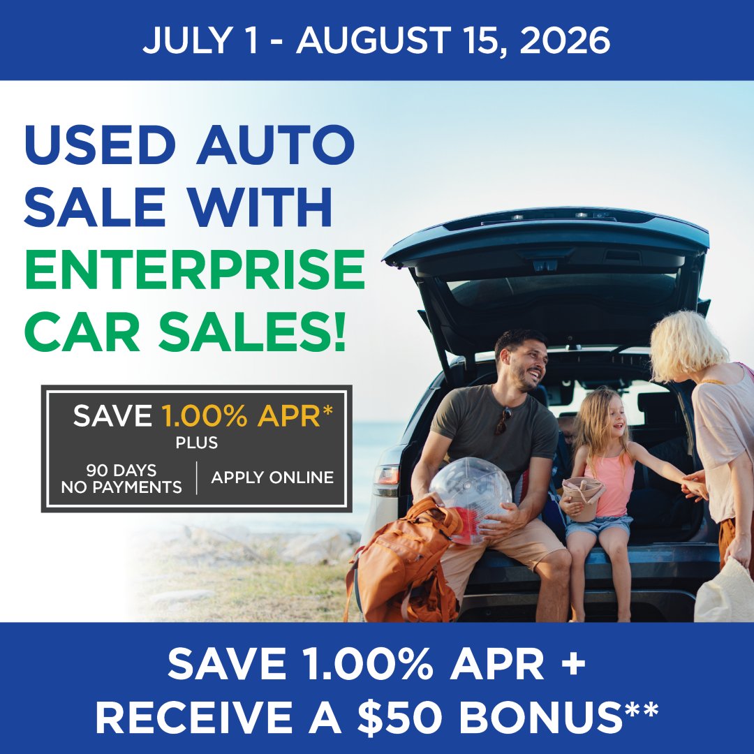 ThePoliceCU's tweet photo. Our Used Auto Sale with Enterprise Car Sales ends on August 15! Stop by and get a great deal on your next used vehicle. For more details, visit: https://t.co/H4s3vzPqwv

*,** Terms and conditions apply. For more details visit https://t.co/jITFOt8cZ7 https://t.co/dc8ln6Nocd