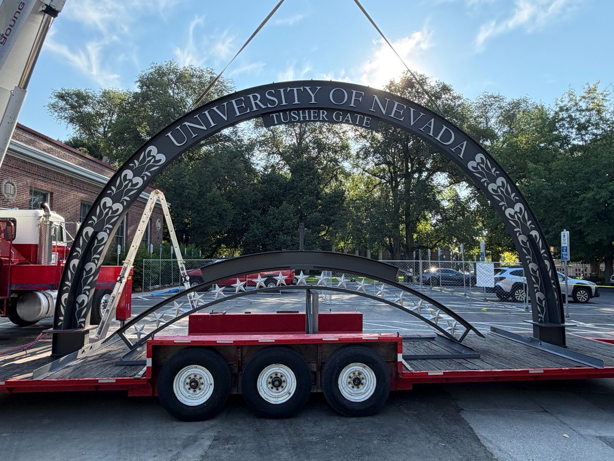 Pres_Sandoval's tweet photo. It's an exciting day for the @unevadareno as we watched the arch of the new Tusher Gate go up! Tusher Gate honors our University's past while welcoming generations to come, creating a new tradition for the Wolf Pack. Thank you to the Tusher Family Foundation for making this dream a reality, and I can't wait for the remainder of the Gate to be revealed this fall. #GoPack