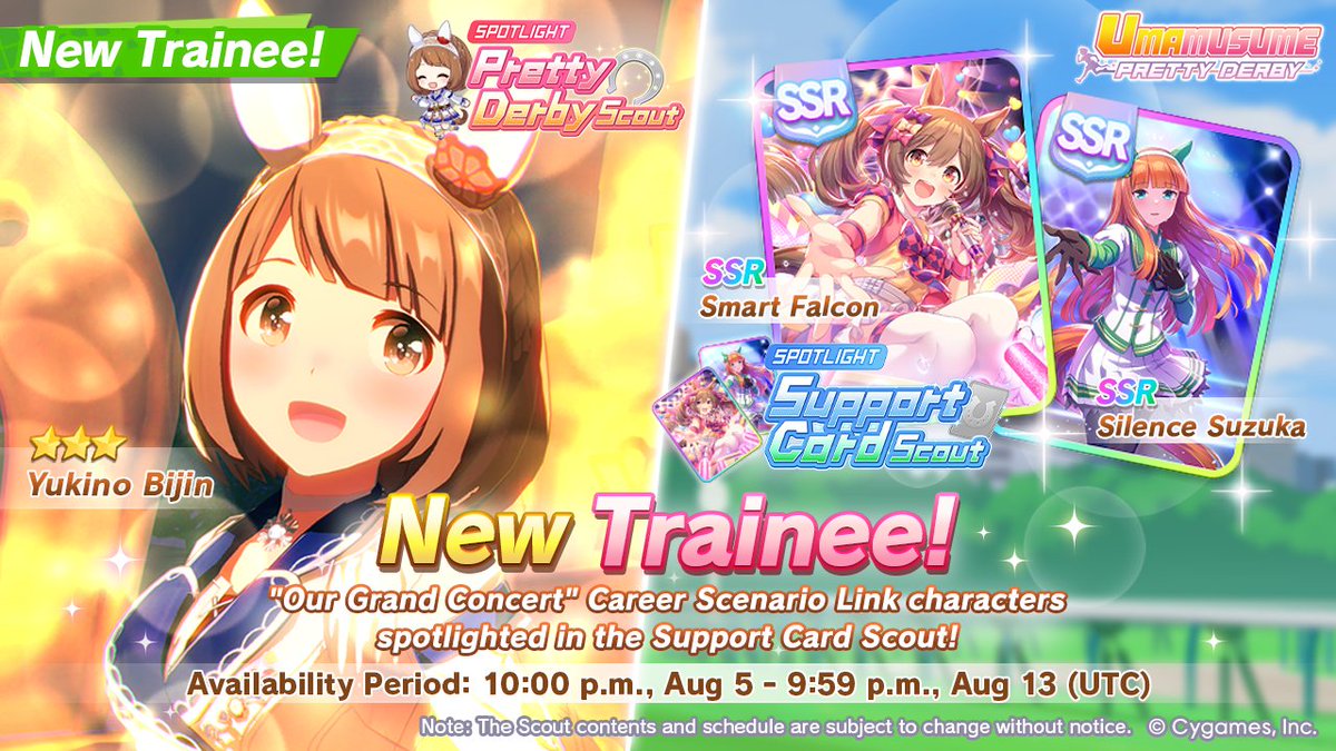umamusume_eng's tweet photo. A New Pretty Derby Scout and Support Card Scout have arrived!

New Trainee:
3★ Yukino Bijin

New Support Cards:
"Our Grand Concert" Scenario Links spotlighted!
SSR Smart Falcon
SSR Silence Suzuka

#Umamusume https://t.co/jySH36PBVF