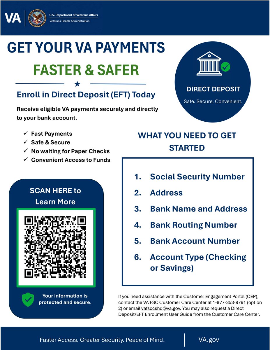 RichmondVAMC's tweet photo. Get your VA payments faster and safer with Direct Deposit (EFT). It’s secure, convenient, and helps you avoid waiting for paper checks. Visit https://t.co/bPtWKsHryM to get started.
 #VAPayments #DirectDeposit #VeteranBenefits #VeteranSupport
https://t.co/82zAvuC73V https://t.co/XH1PYo0mBQ
