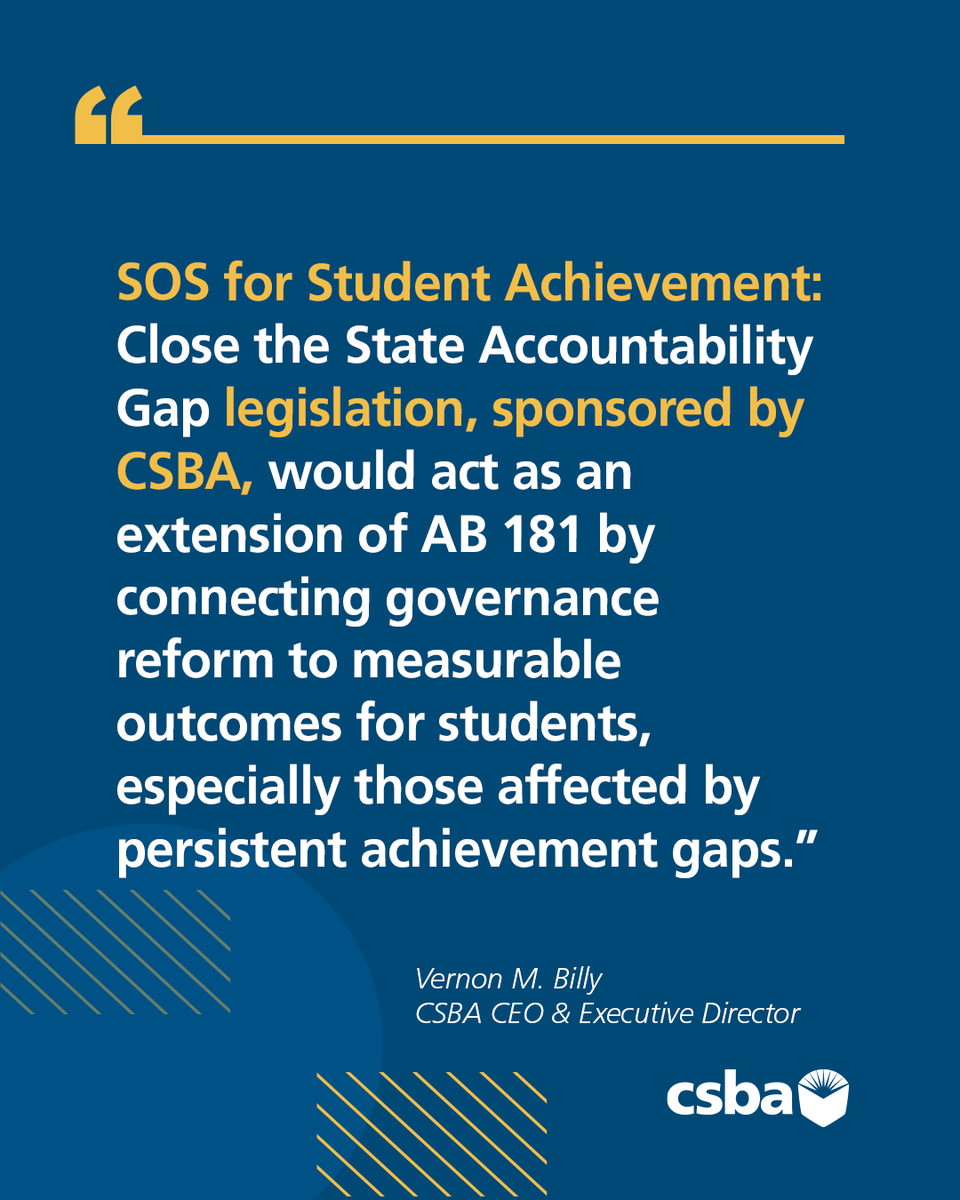 CSBA_Now's tweet photo. Gov. Gavin Newsom (@CAgovernor) deserves praise for identifying the problem of disjointed governance and signing into law Assembly Bill 181, which will move school oversight under a new education commissioner role appointed by the next governor. This is a crucial first step in repairing California’s fragmented system of education governance at the state level, but effective governance reform cannot stop at reassigning authority. 

That's where the SOS for Student Achievement: Close the State Accountability Gap legislative package comes in. CSBA CEO & Executive Director Vernon M. Billy penned an op-ed that was published on Aug. 4 by the San Francisco Chronicle detailing how the four bills together would dovetail with AB 181 to establish a new state education system based on reciprocal accountability. Read the op-ed here: https://t.co/2FuS8KGOSL
#SOSforStudentAchievement