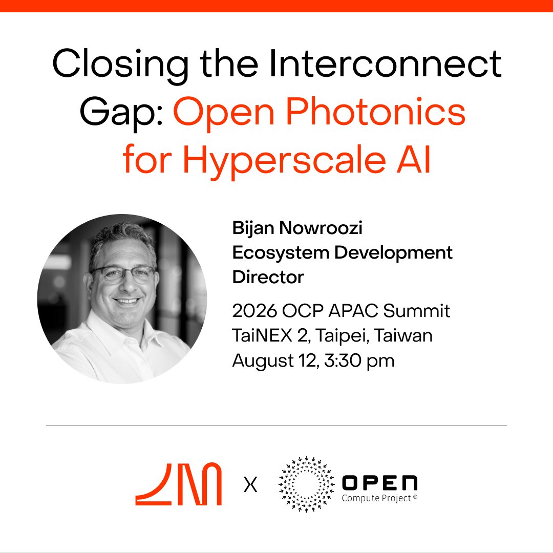 LightmatterCo's tweet photo. The theme of this year’s OCP APAC Summit is “Leading the Future of AI.” Don’t miss Bijan Nowroozi’s talk, describing the open ecosystems and silicon photonics standards needed for hyperscale performance and interoperability in the AI era.
Learn more: https://t.co/HYmZg63W2x
@OpenComputePrj @dirkvanslyke