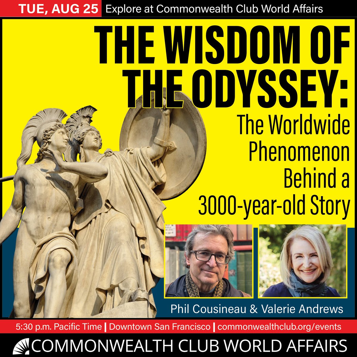 cwclub's tweet photo. Have you seen "The Odyssey"? Have you read it? Learn more about this 3,000-year-old tale when @PhilCousineau and Valerie Andrews join us in-person August 25 in San Francisco.

Details &amp; tickets:
https://t.co/bKNDB4YLuh https://t.co/wRCHb7T2XA