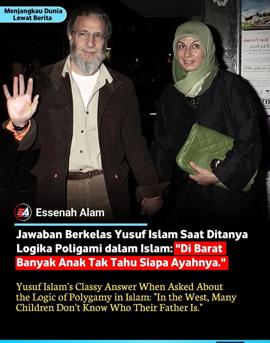 ommi_siregar's tweet photo. 🇬🇧Penyanyi Inggris yang memeluk Islam, Yusuf Islam, pernah menjadi sorotan media saat tiba di Turki. Dalam sebuah sesi wawancara, seorang wartawan mengajukan pertanyaan mengenai pandangan Islam tentang poligami. Jawaban Yusuf Islam disebut membuat sang wartawan terkejut.

➡️Wartawan itu bertanya:

🗣️Dalam agama Islam yang Anda anut, bagaimana pendapat Anda tentang seorang pria yang boleh menikahi empat wanita? Maksud saya, bagaimana Anda bisa menerima logika di balik itu? Sebagai seorang penyanyi Barat yang berpendidikan dan beradab, bagaimana Anda bisa menerima hal ini?"»

➡️Yusuf Islam menjawab:

🗣️Kamu bilang kamu mengenal saya dari kehidupan saya dulu. Sebelum menjadi Muslim, saya tidak tahu berapa banyak wanita yang pernah saya dekati. Jika ada anak dari mereka, saya juga tidak tahu. Saat saya menjalani kehidupan seperti itu, kamu mengagumi saya.

🗣️Sekarang saya sudah menjadi Muslim. Saya menikah dengan satu istri saja, dan saya juga tidak berniat menikah lagi. Jika agama Islam mengizinkan hingga empat istri, maka tanggung jawab terhadap mereka dan anak-anaknya juga dibebankan kepada suami.

🗣️Di Barat yang kamu kagumi itu, tidak ada tanggung jawab seperti itu. Banyak anak yang tidak tahu siapa ayah mereka. Ada pula ayah yang meninggal dunia tanpa pernah mengenal atau menemui anaknya."

#morningvibes