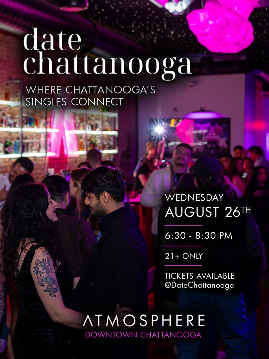 hiatmosphere's tweet photo. Some of the best conversations don't start with a swipe.

They start with eye contact, a smile, and the right atmosphere.

Join Date Chattanooga for an evening designed to bring together fun, ambitious singles from across the city for genuine conversation and meaningful connections.

📍 ATMOSPHERE
 🗓 Wednesday, August 26
 🕡 6:30–8:30 PM
 🔞 21+ Only

Tickets available through at Date Chattanooga

Sometimes all it takes is showing up.
---
#DateChattanooga #ChattanoogaSingles #SinglesMixer #DowntownChattanooga  #ChattanoogaEvents