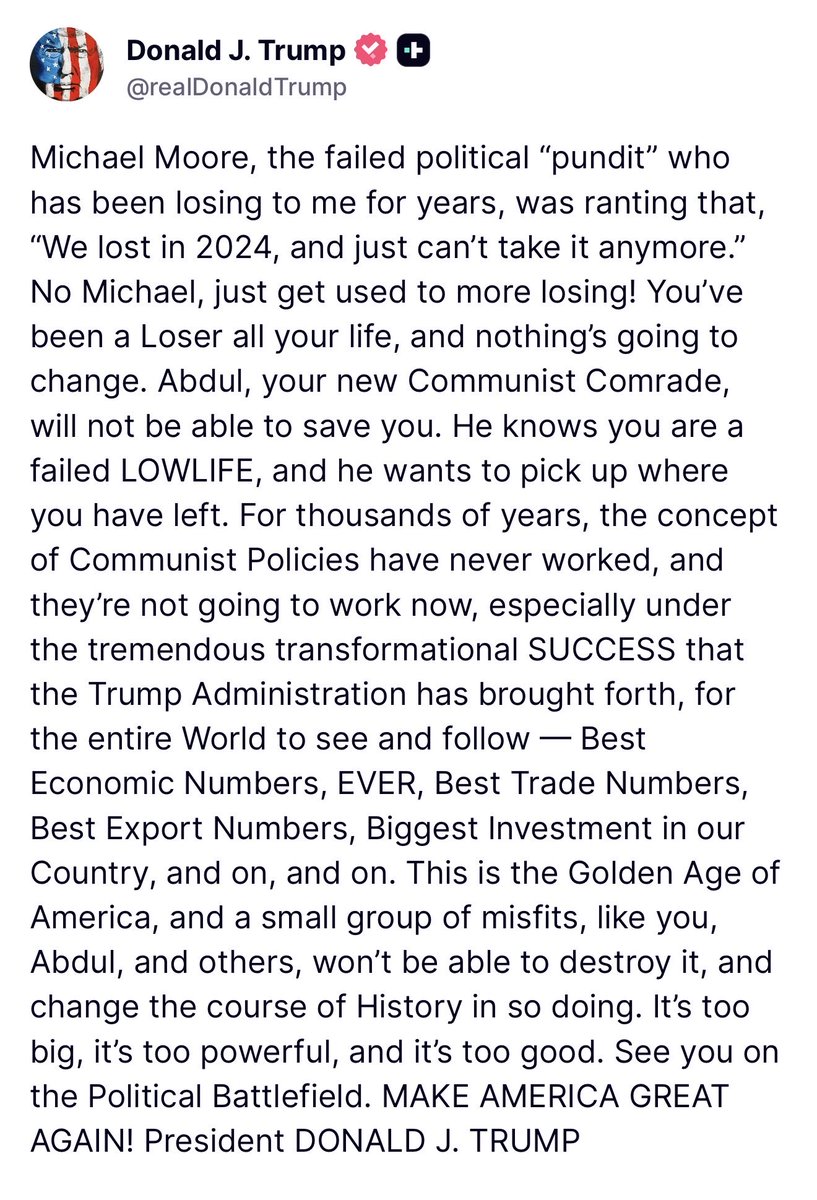 MAGAVoice's tweet photo. 🚨 JUST NOW: President Trump just now ENDED Michael Moore’s whole career in one post 🔥 https://t.co/89oI37GJW6